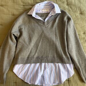 Mango Gray Sweater with Striped poplin shirt Detail